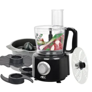 "Anex AG-3144 Deluxe Chopper with citrus juicer and slicing disc, featuring various food processing accessories."